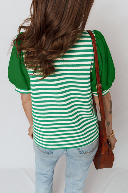 Stripe Patchwork Puff Short Sleeve V-Neck Blouse