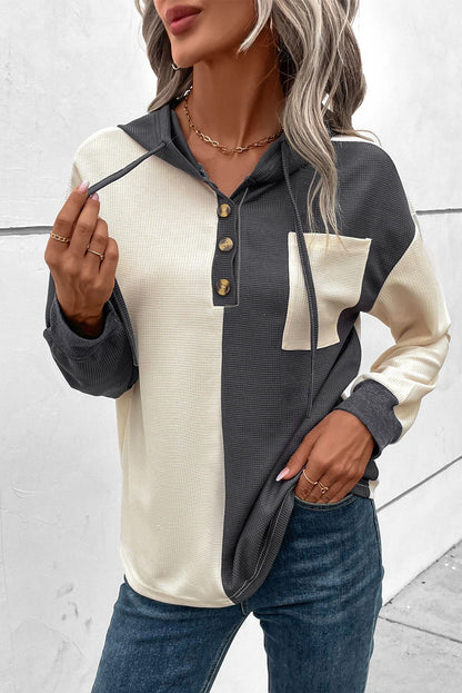 Colorblock Waffle Half Buttoned Hoodie