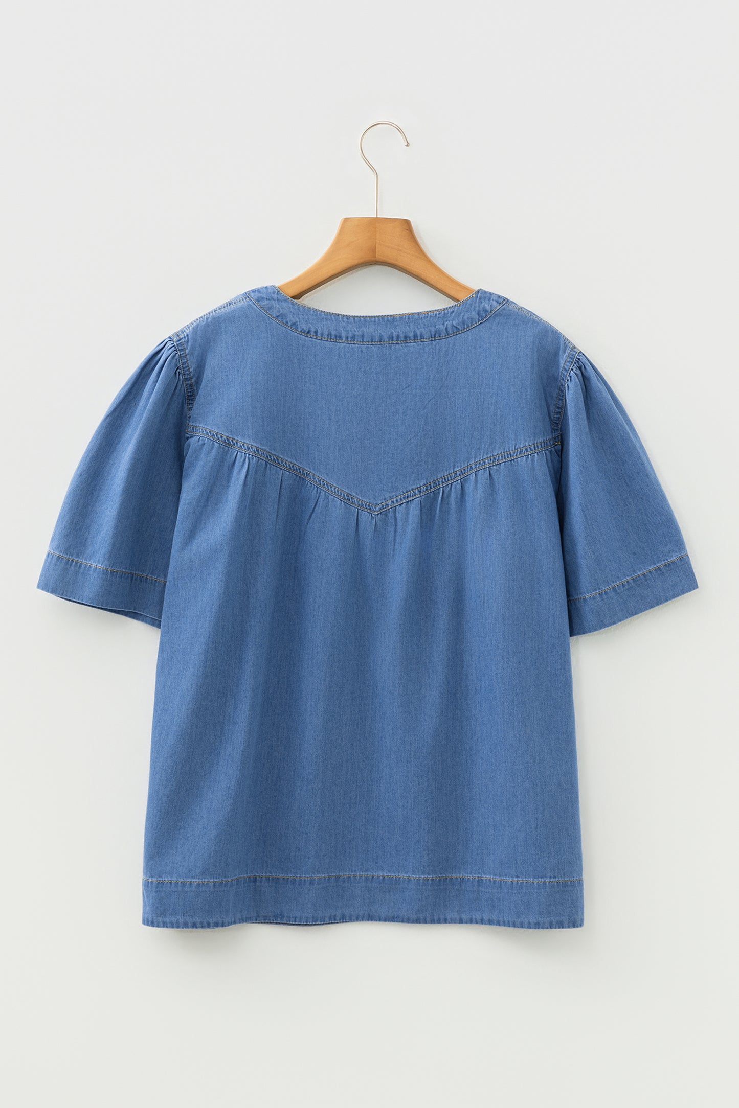 Denim Pleated Half Buttoned Short Sleeve Top