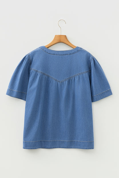 Denim Pleated Half Buttoned Short Sleeve Top