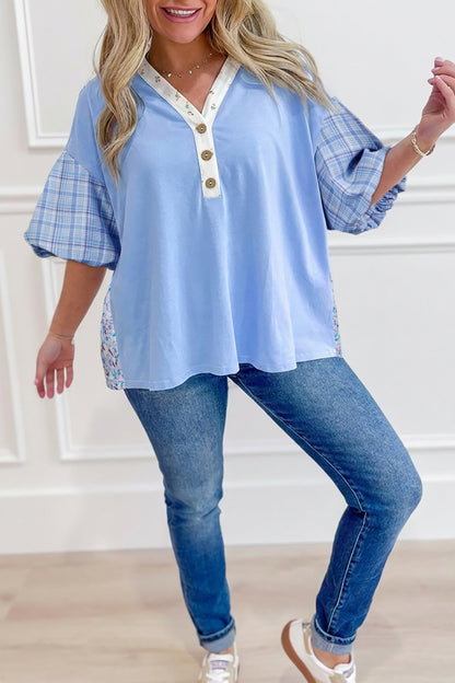 Colorblock Plaid Patchwork Bubble Sleeve Blouse