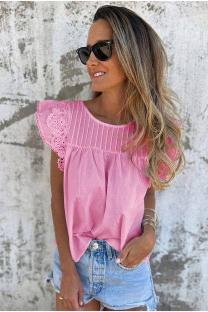 Solid Lace Flutter Sleeve Pleated Blouse