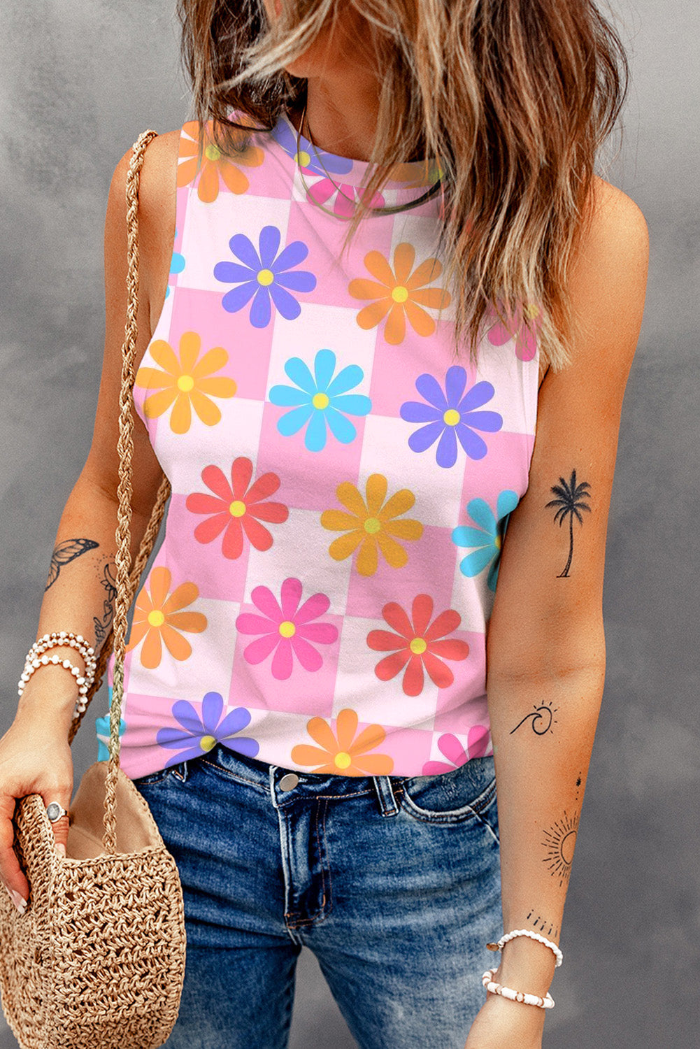 Floral Round Neck Sleeveless Top