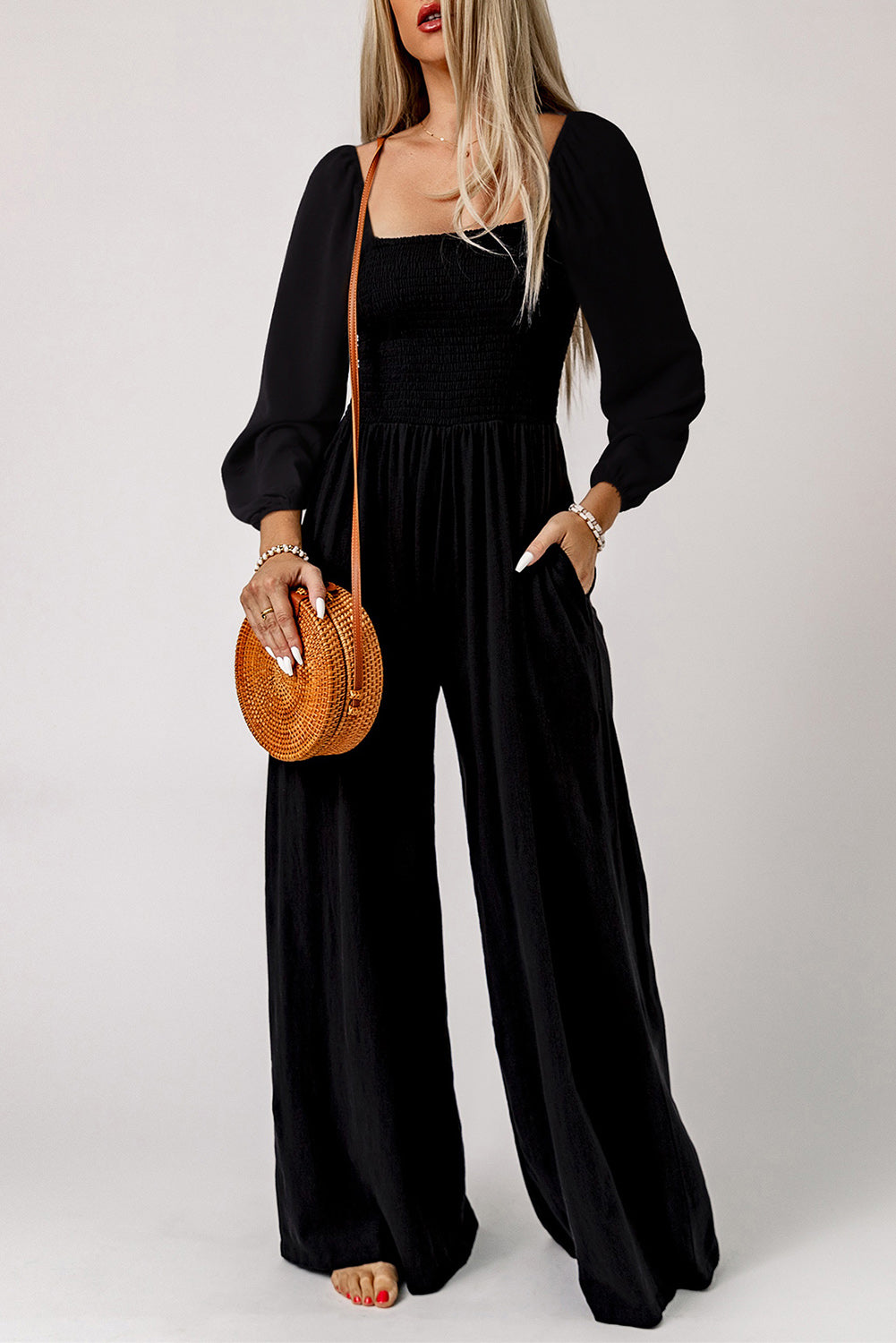 Smocked Long Sleeve Pocketed Jumpsuit