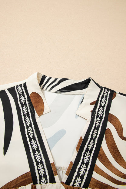 Abstract V-Neck Puff Sleeve Blouse