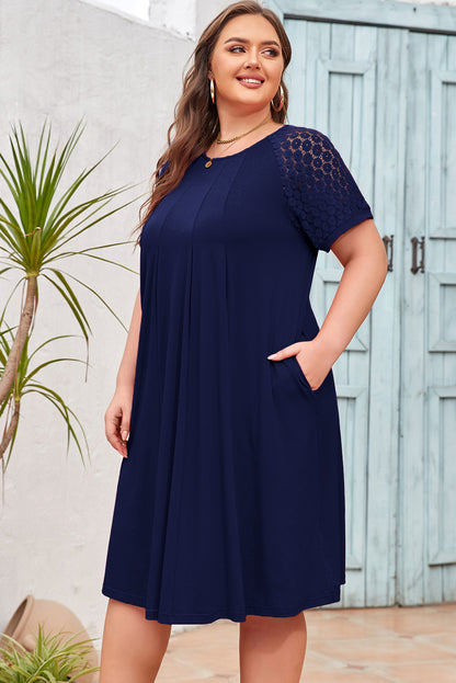 Plus Size Solid Lace Short Sleeve Pleated Dress