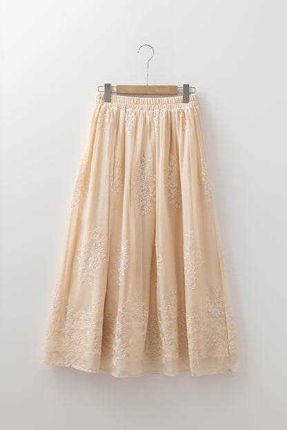 Solid Embroidered Mesh Overlay Midi Skirt