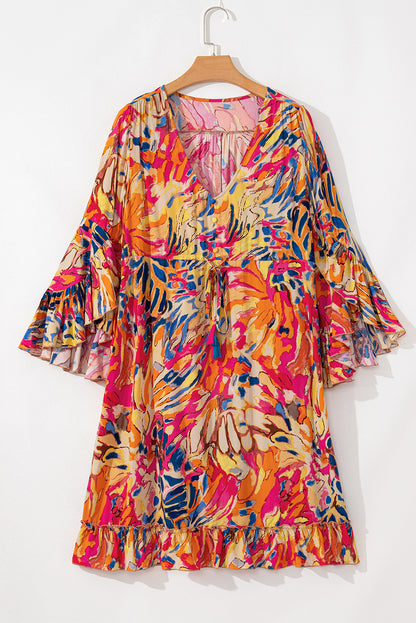 Tropical Ruffle Flare Sleeve Dress