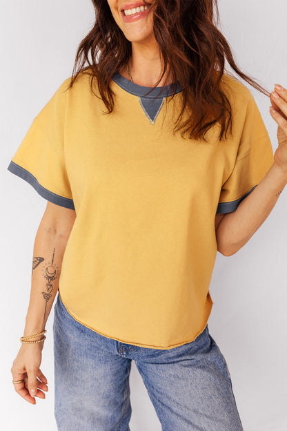 Contrast Trim Raw Hem Short Sleeve Top