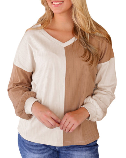 Colorblock Ribbed V-Neck Top