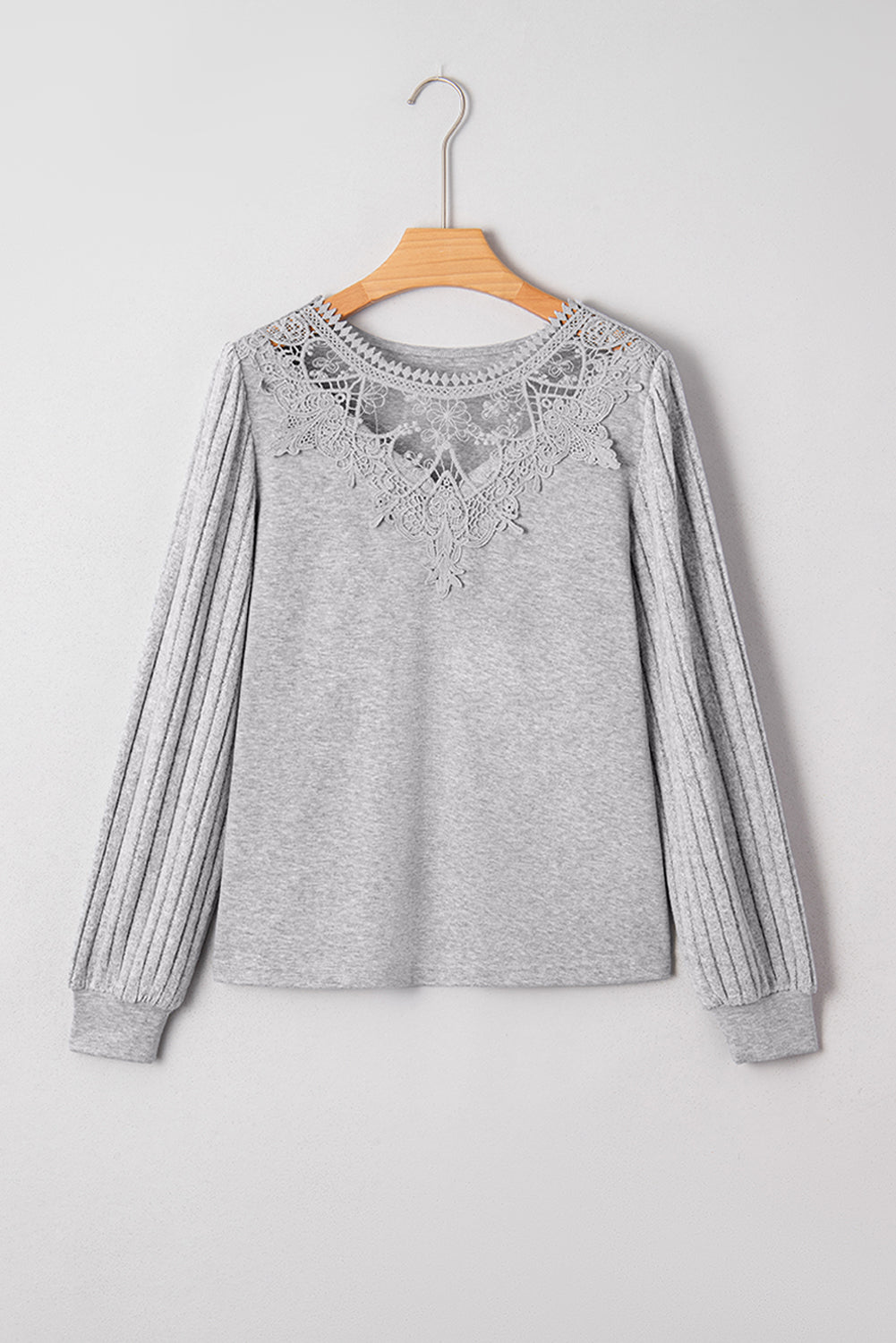 Hollow Lace Ribbed Knit Patchwork Long Sleeve Top