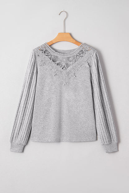 Hollow Lace Ribbed Knit Patchwork Long Sleeve Top