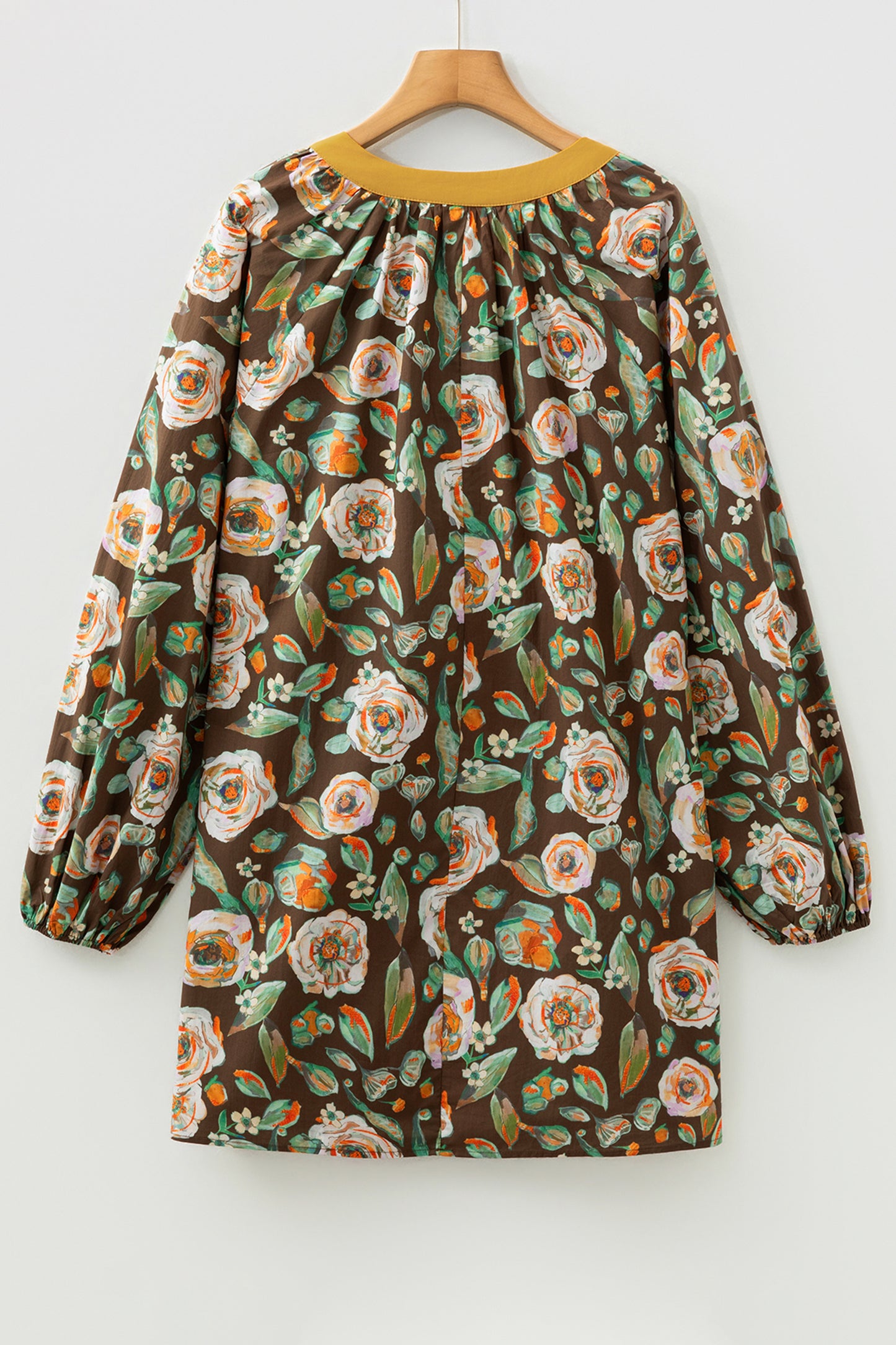 Floral Contrast Trim V-Neck Long Sleeve Pocketed Dress