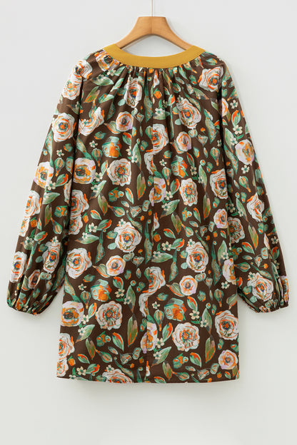 Floral Contrast Trim V-Neck Long Sleeve Pocketed Dress