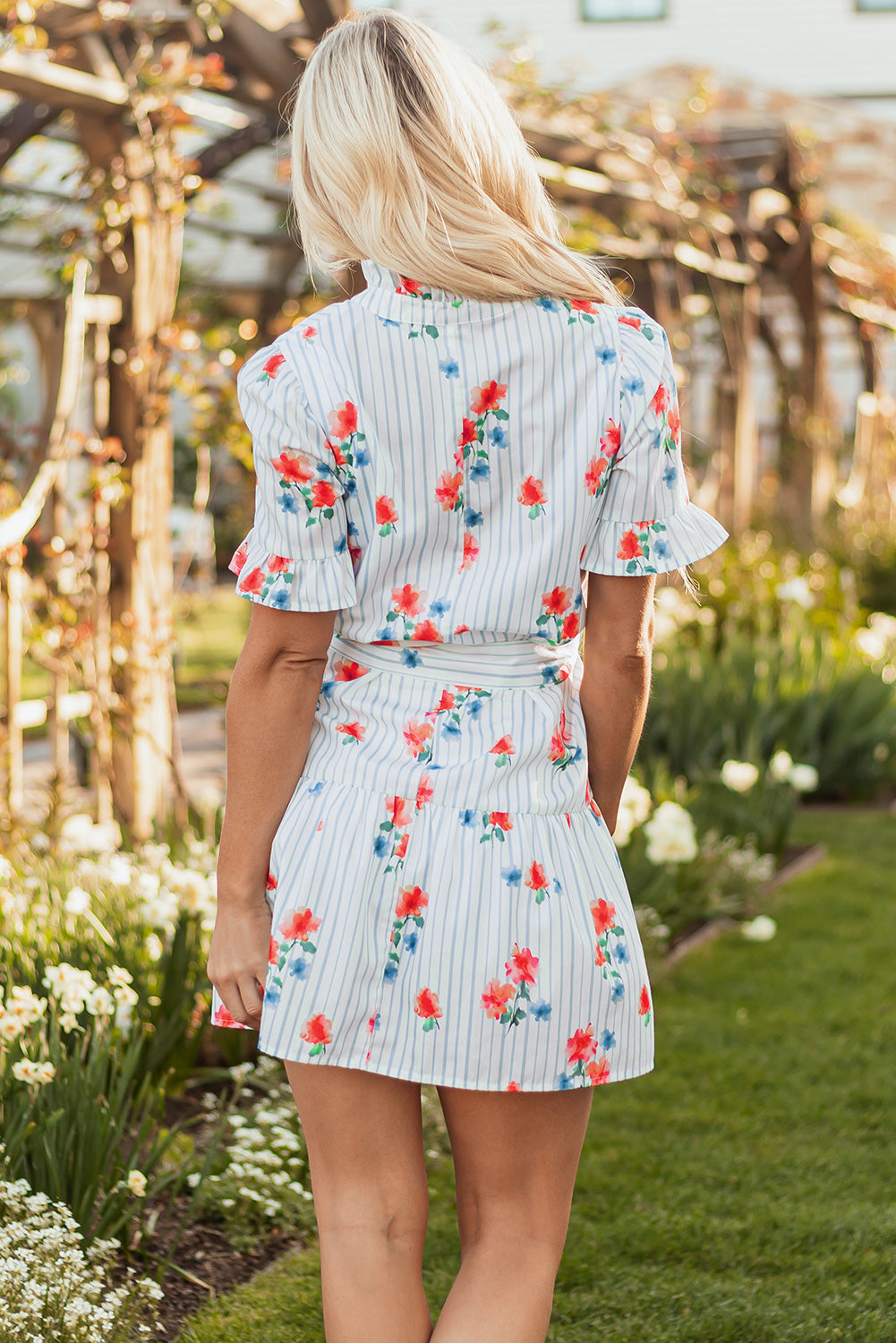 Stripe Floral Ruffle Sleeve Belted Mini Dress