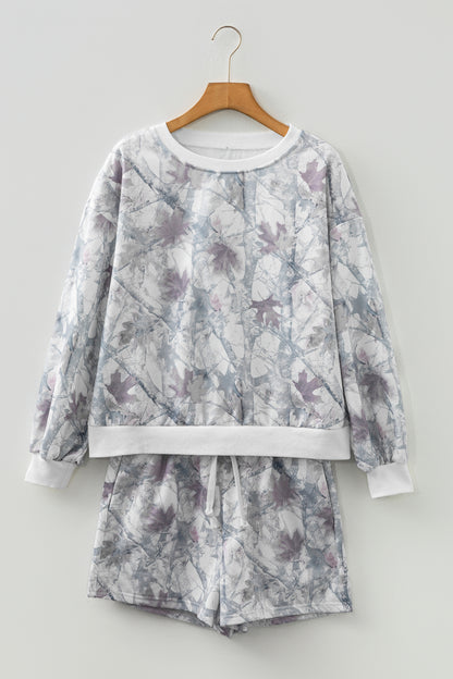 Abstract Camo Pullover & Drawstring Shorts Set