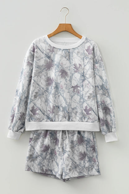 Abstract Camo Pullover & Drawstring Shorts Set