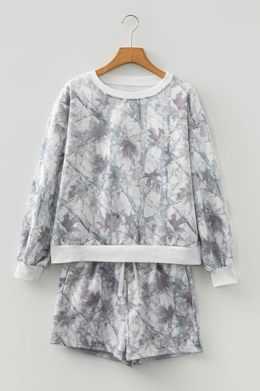 Abstract Camo Pullover & Drawstring Shorts Set
