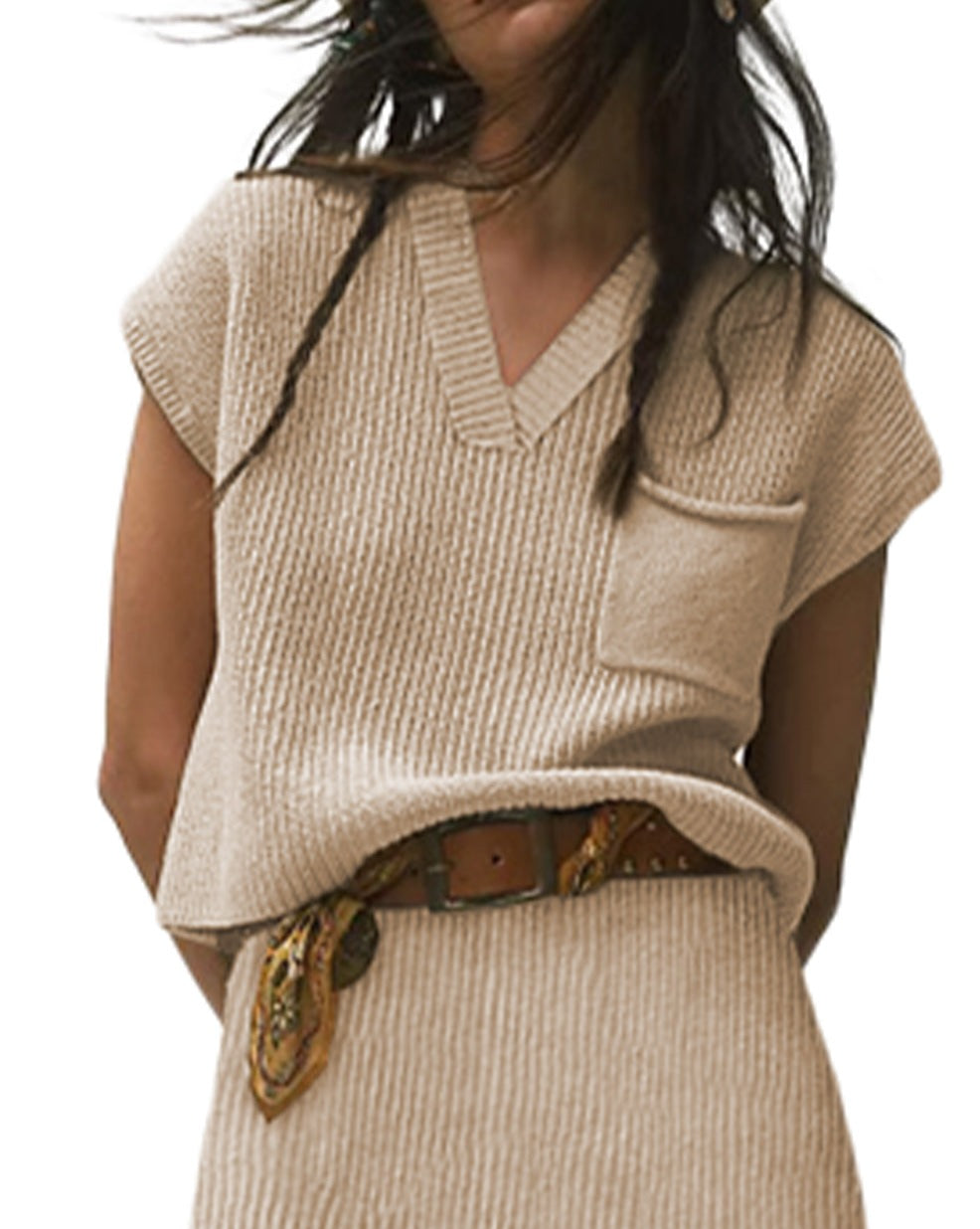 Ribbed Cap Sleeve Pocketed Sweater