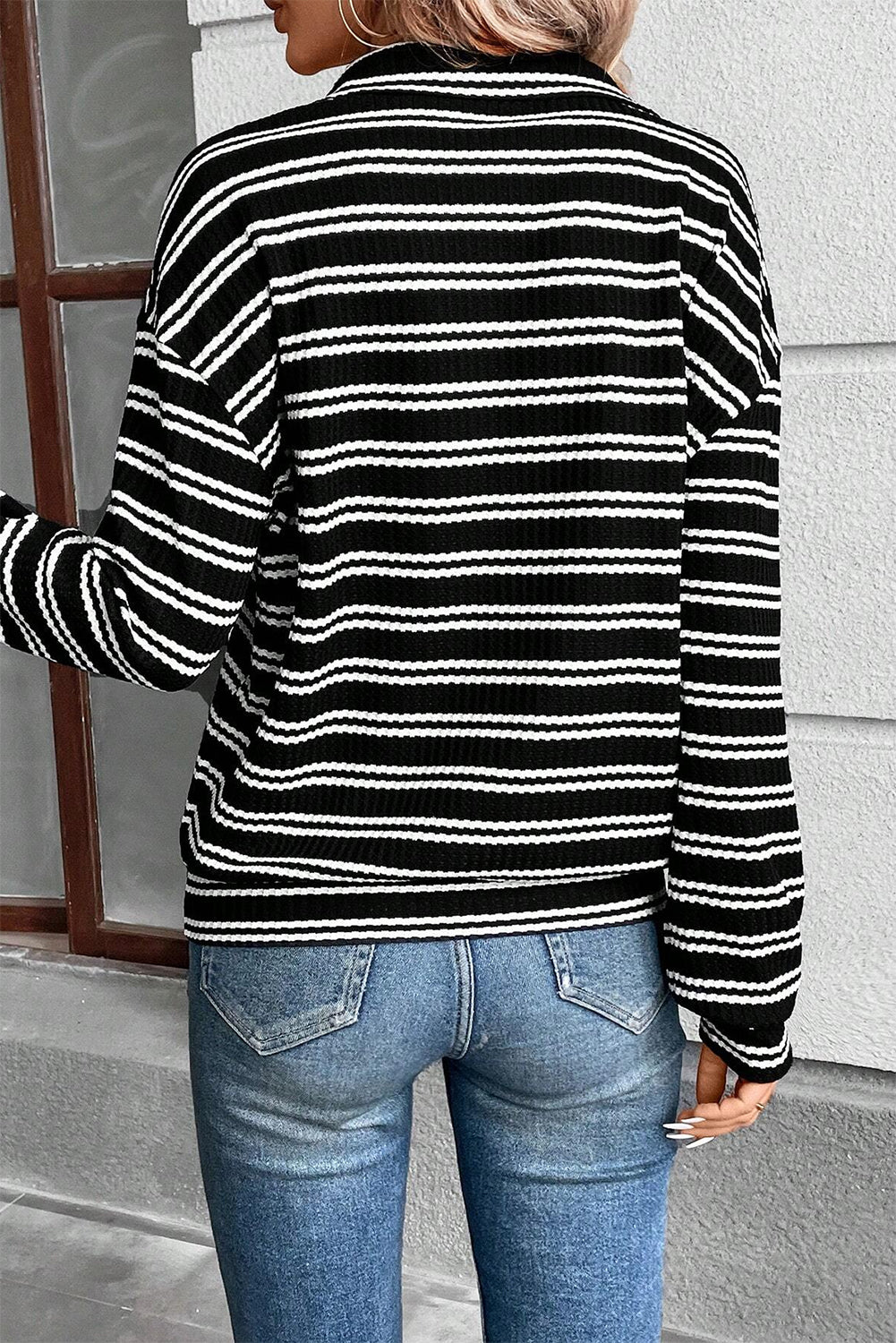 Stripe Zip Collar Long Sleeve Top