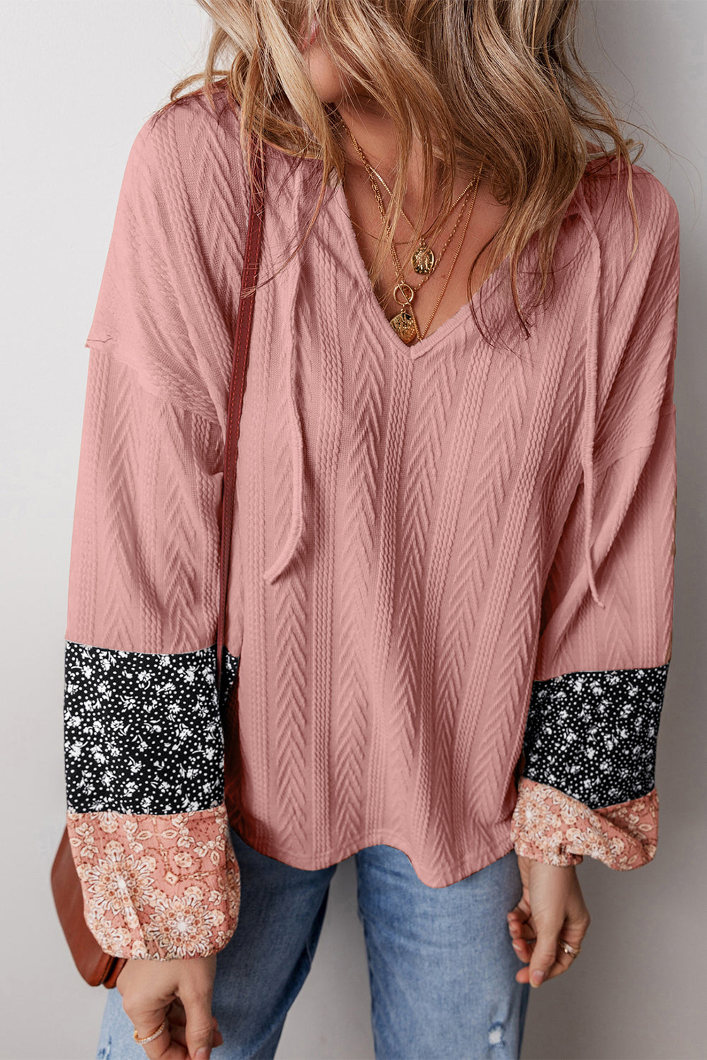 Floral Colorblock Textured V-Neck Blouse