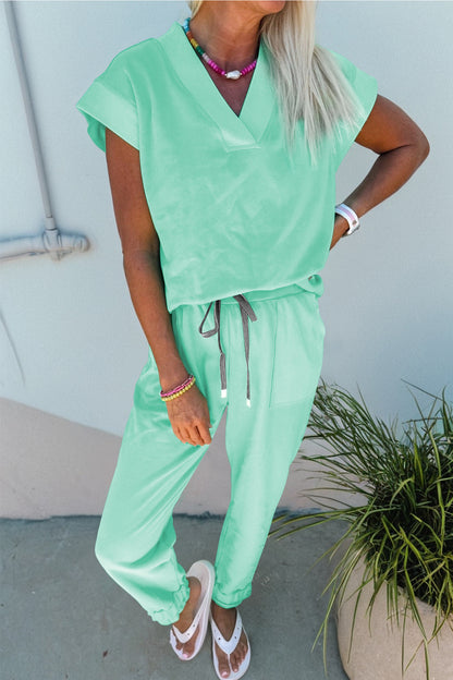 Solid V-Neck Tee and Drawstring Pants Set