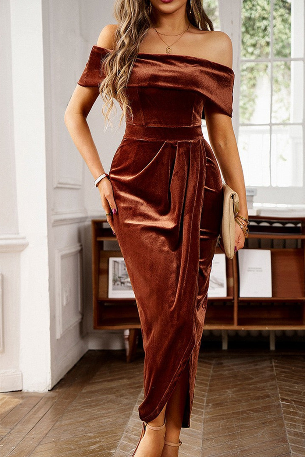 Velvet Off Shoulder Wrap Dress