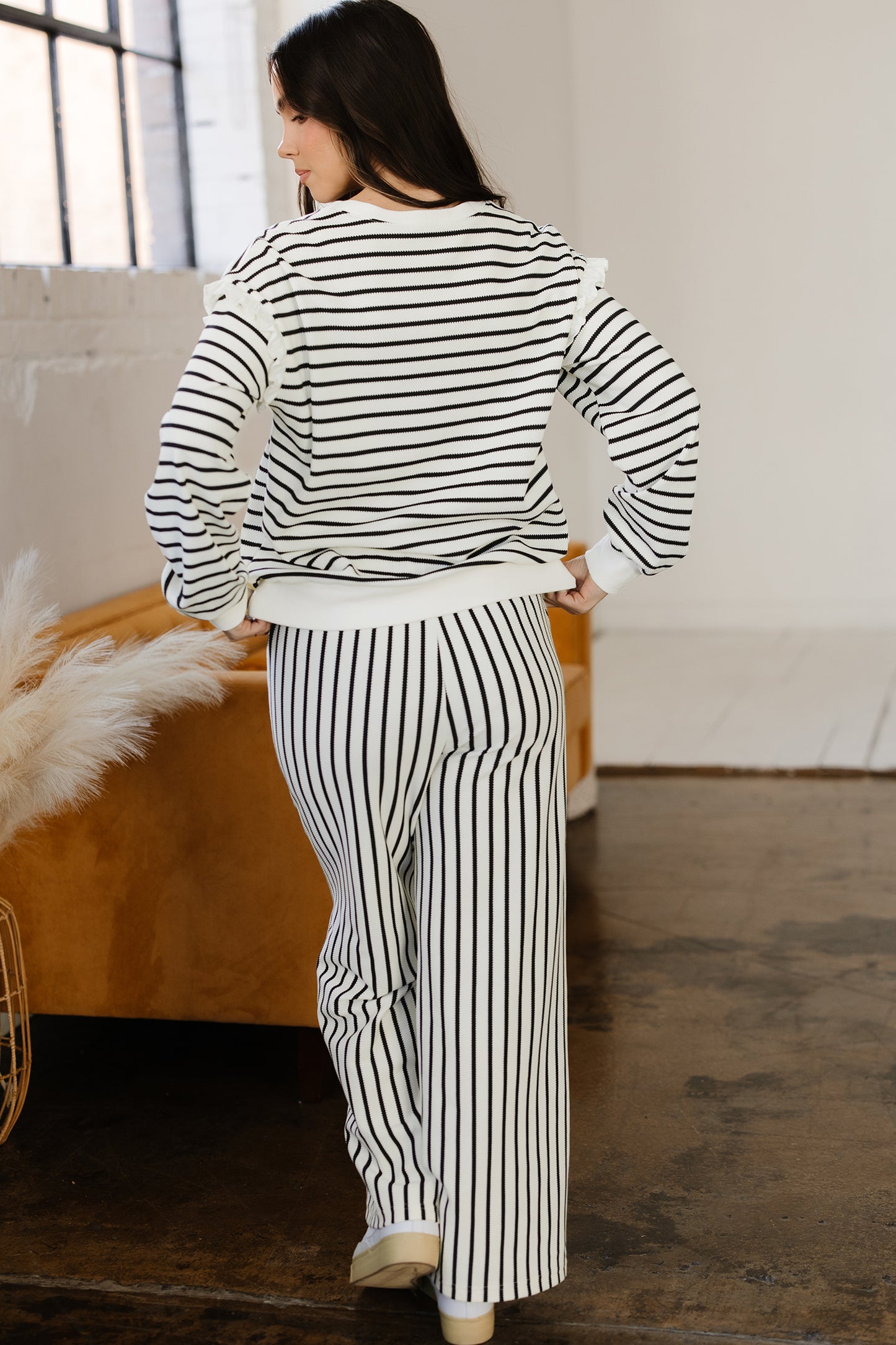 Stripe Ruffle Drop Shoulder Top and Pants Set