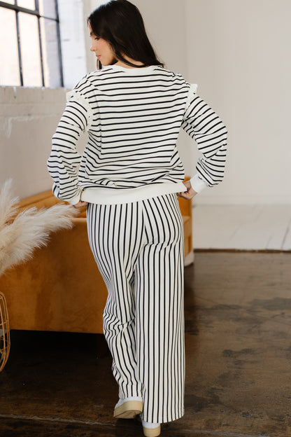 Stripe Ruffle Drop Shoulder Top and Pants Set
