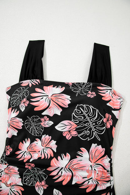 Floral Solid Square Neck Ruched One-Piece Swimsuit