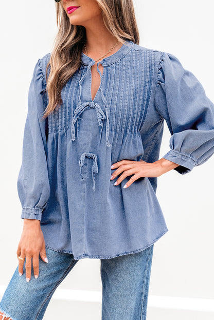 Solid Denim Pleated Bow Tie Puff Sleeve Top