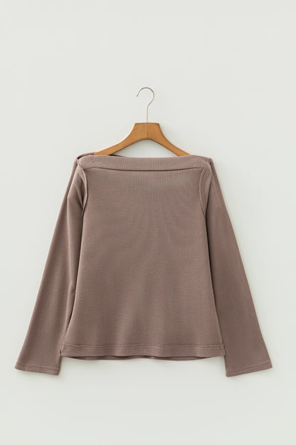 Solid Waffle Knit Asymmetric Neck Long Sleeve Top