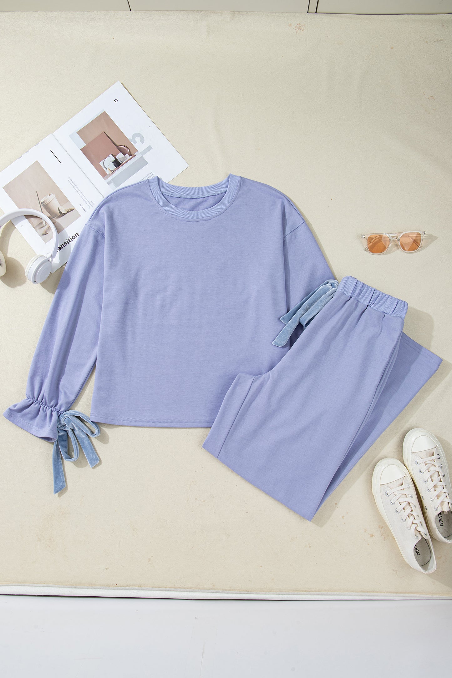 Flounce Long Sleeve Top and Drawstring Pants Set