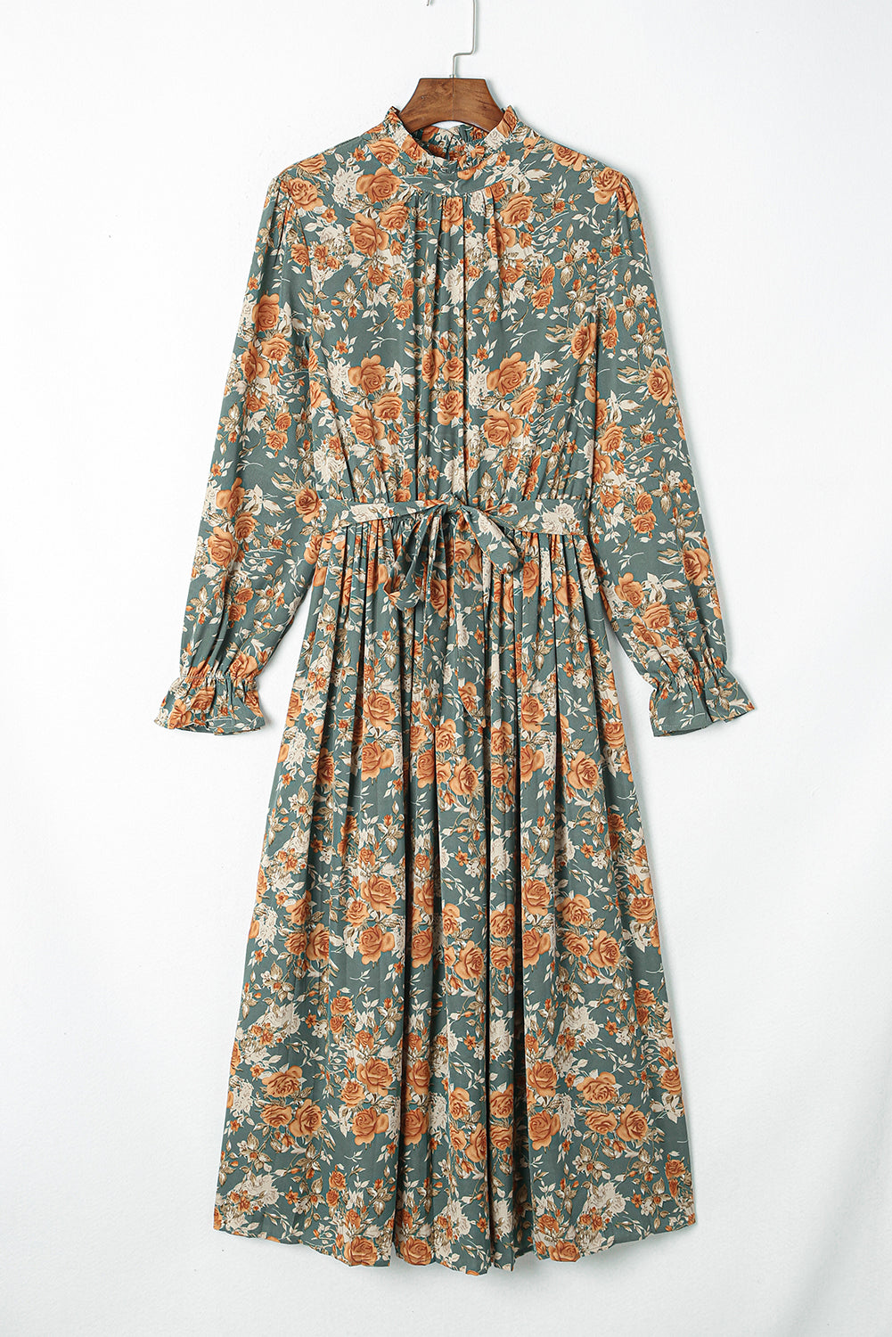 Floral Pleated Long Sleeve Maxi Dress