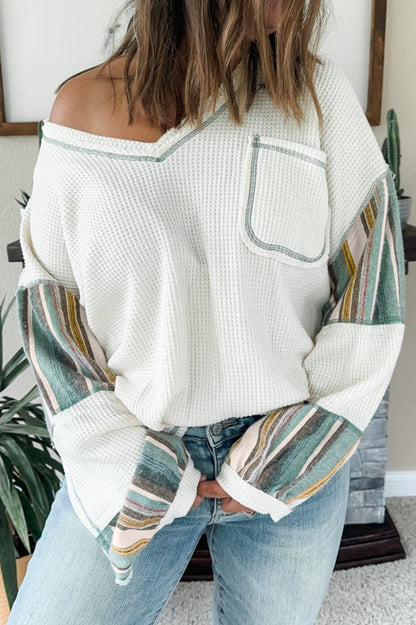 Stripe Patchwork Waffle Knit Top