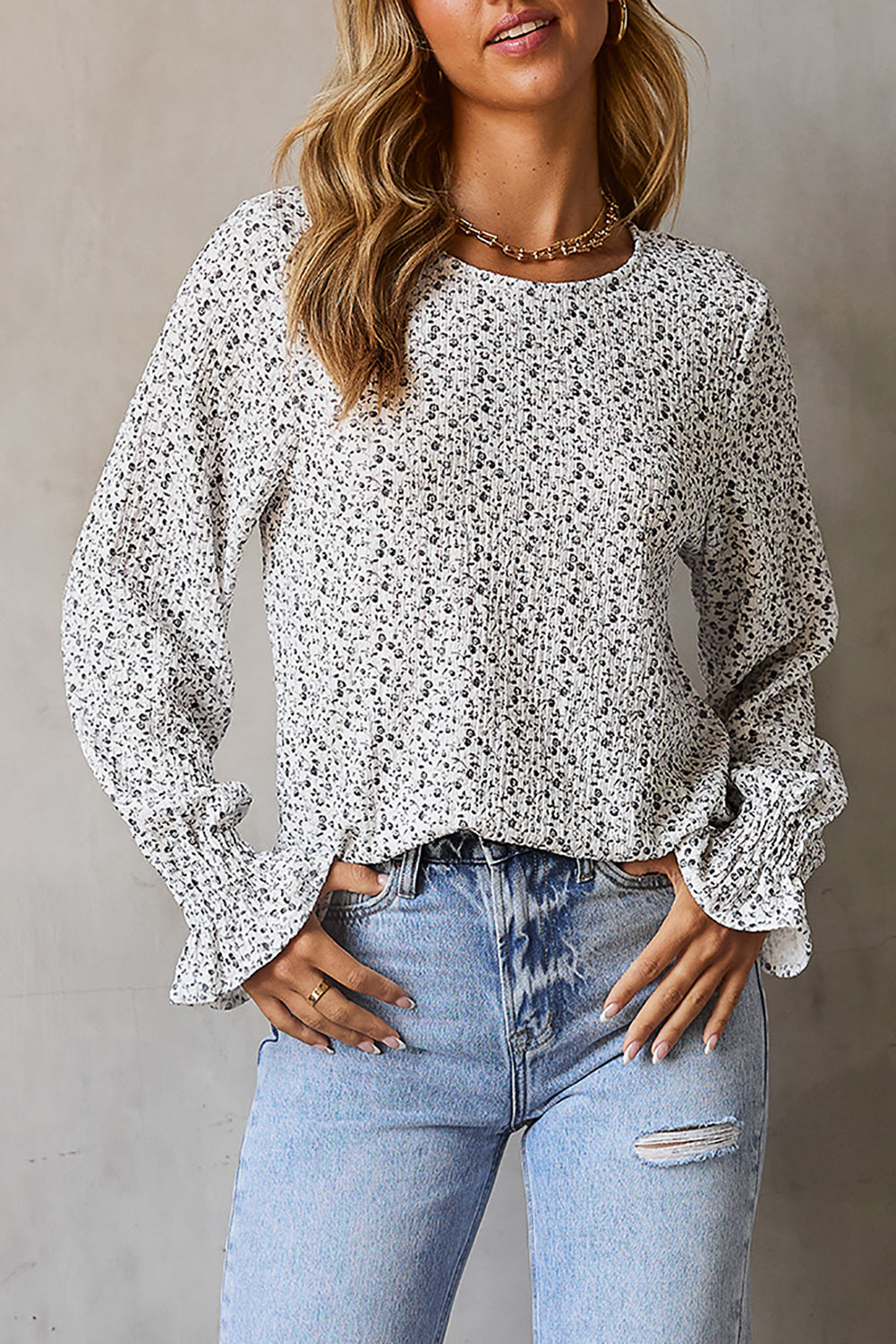 Floral Crinkled Bubble Sleeve Blouse