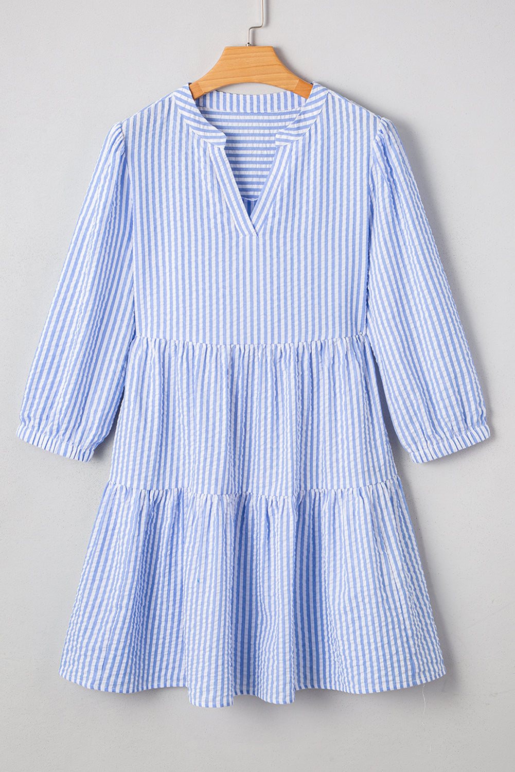 Stripe 3/4 Sleeve Pocketed Tiered Dress