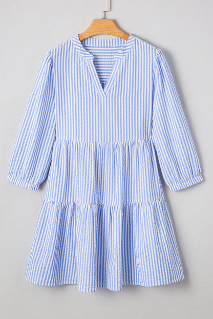 Stripe 3/4 Sleeve Pocketed Tiered Dress