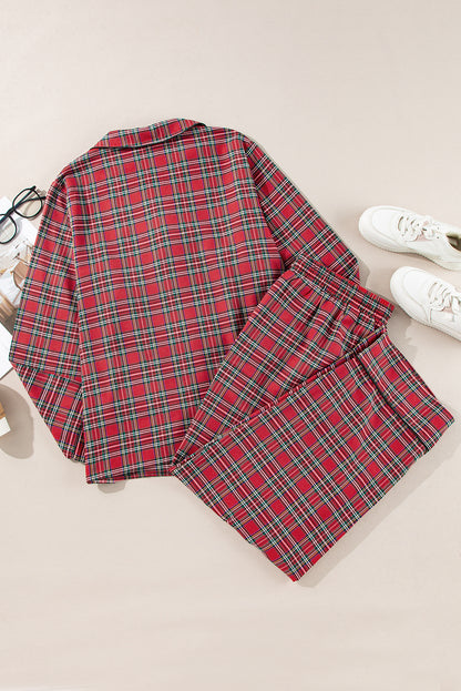 Plus Size Christmas Plaid Shirt and Pants Lounge Set
