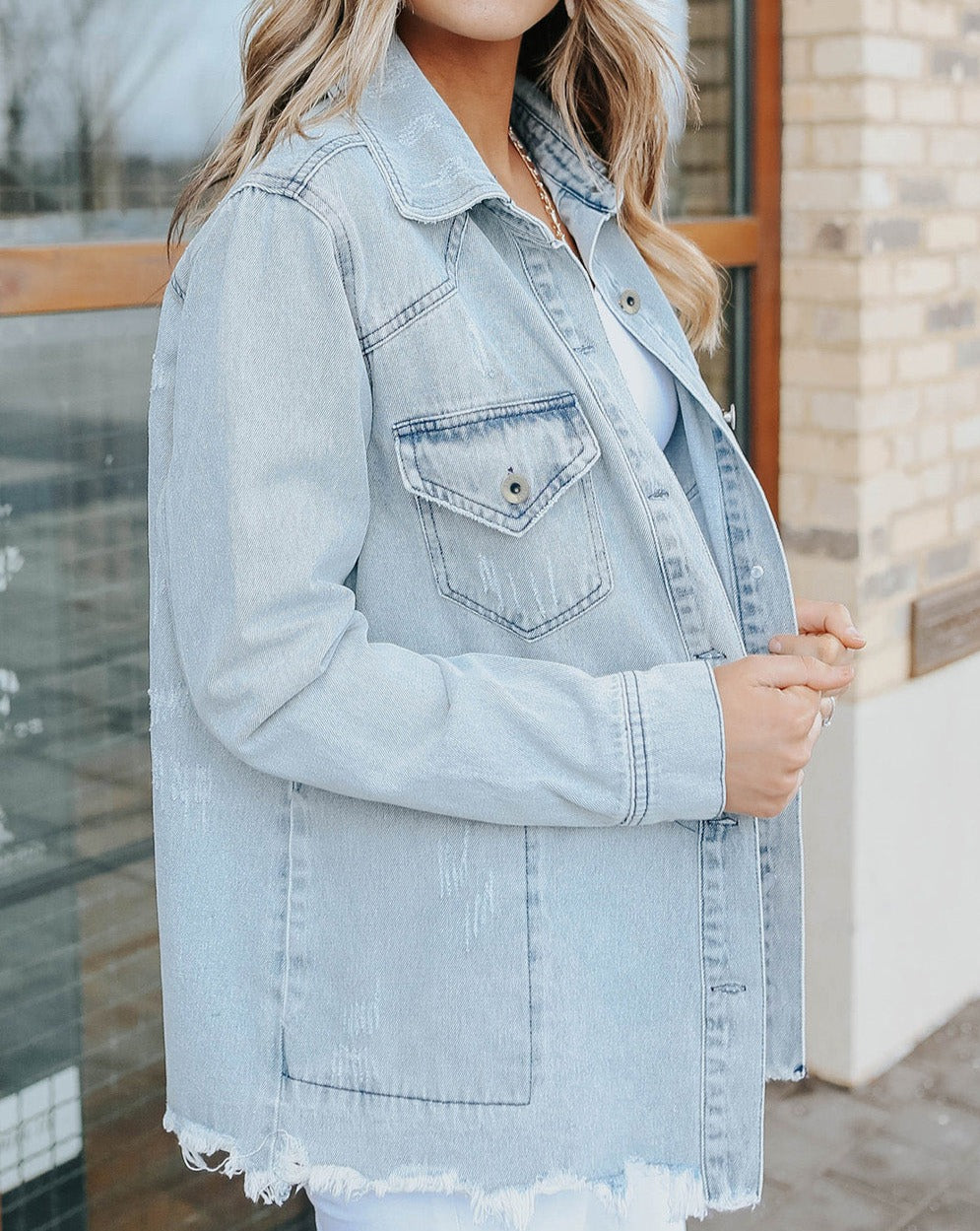 Denim Raw Hem Buttoned Jacket