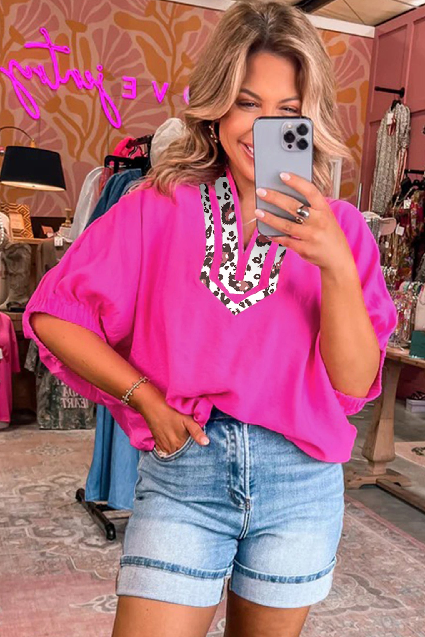 Leopard Patchwork Dolman Sleeve V-Neck Blouse