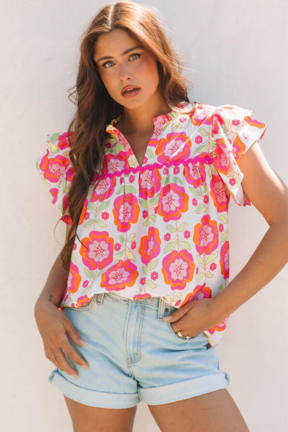 Floral Ricrac Trim  Ruffle Sleeve Blouse
