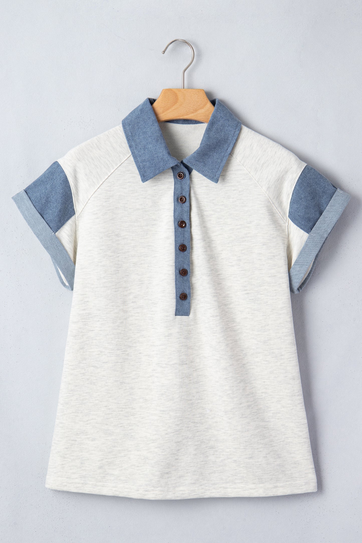Denim Colorblock Patchwork Shirt Collar Blouse