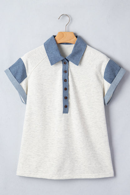 Denim Colorblock Patchwork Shirt Collar Blouse
