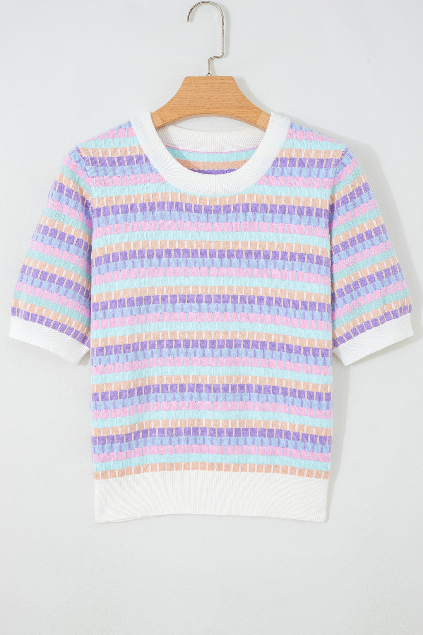 Abstract Stripe Short Sleeve Sweater Knit Top