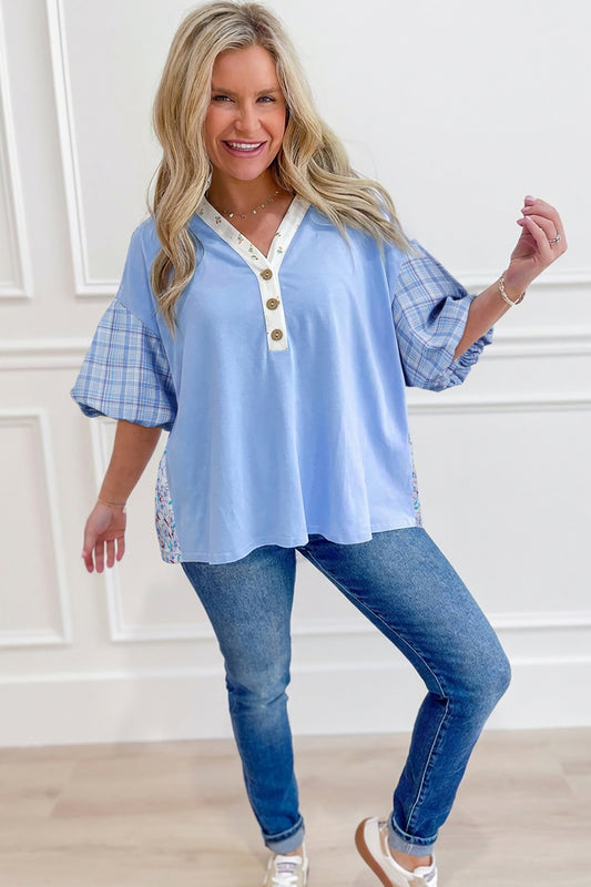 Colorblock Plaid Patchwork Bubble Sleeve Blouse