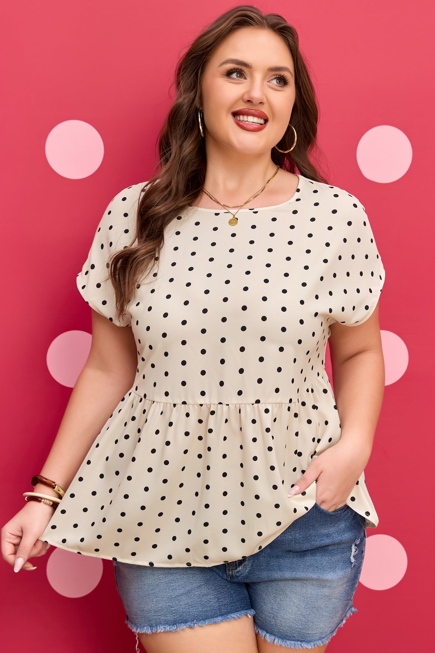 Plus Size Polka Dot Button Back Babydoll Blouse