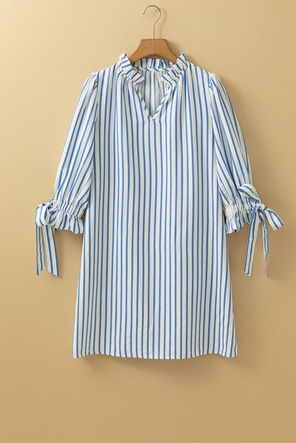 Stripe Knotted 3/4 Sleeve Notched Neck Mini Dress