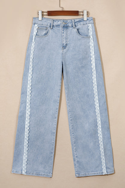 Lace Trim Side Stripe Straight Leg Jeans