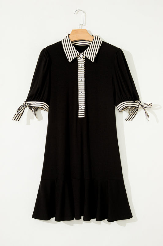 Stripe Polo Collar Tied Short Sleeve Mini Dress